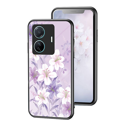 Custodia Silicone Gel Laterale Fiori Specchio Cover per Vivo T1 Pro 5G Lavanda