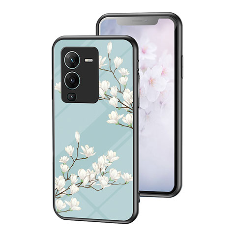 Custodia Silicone Gel Laterale Fiori Specchio Cover per Vivo V25 Pro 5G Ciano