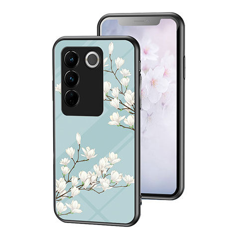 Custodia Silicone Gel Laterale Fiori Specchio Cover per Vivo V27 Pro 5G Ciano