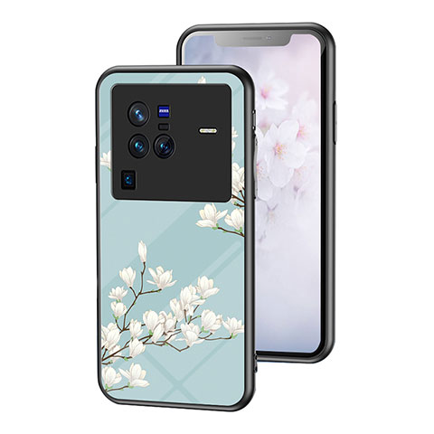 Custodia Silicone Gel Laterale Fiori Specchio Cover per Vivo X80 Pro 5G Ciano