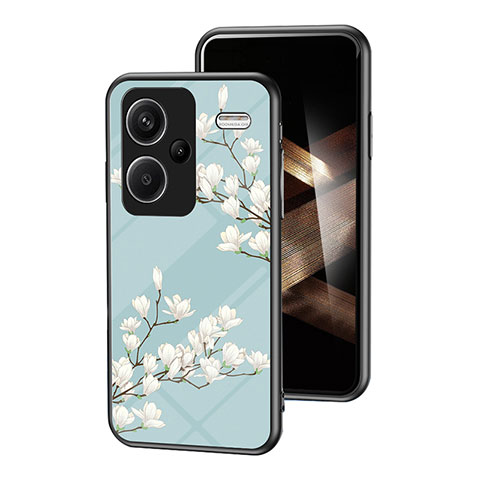 Custodia Silicone Gel Laterale Fiori Specchio Cover per Xiaomi Redmi Note 13 Pro+ Plus 5G Ciano