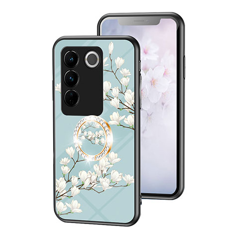 Custodia Silicone Gel Laterale Fiori Specchio Cover S01 per Vivo V27 Pro 5G Ciano