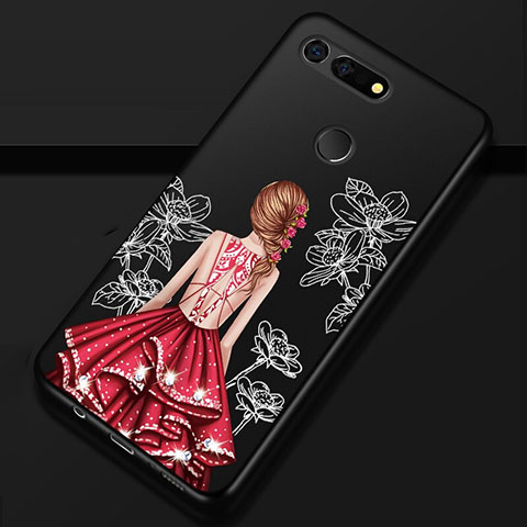 Custodia Silicone Gel Morbida Abito Ragazza Cover K02 per Huawei Honor V20 Rosso e Nero