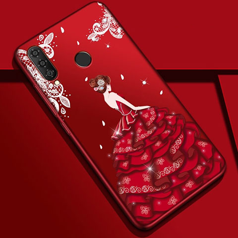 Custodia Silicone Gel Morbida Abito Ragazza Cover K03 per Huawei P30 Lite New Edition Rosso Rosa