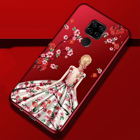 Custodia Silicone Gel Morbida Abito Ragazza Cover per Huawei Mate 30 Lite Rosso Rosa