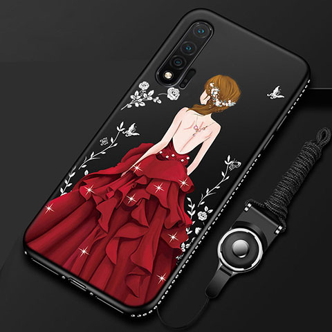 Custodia Silicone Gel Morbida Abito Ragazza Cover per Huawei Nova 6 5G Rosso e Nero