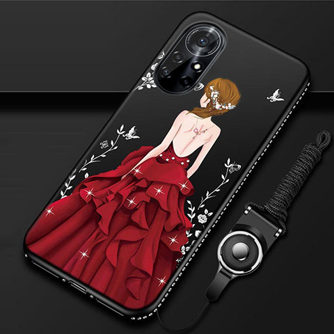 Custodia Silicone Gel Morbida Abito Ragazza Cover per Huawei Nova 8 Pro 5G Rosso e Nero