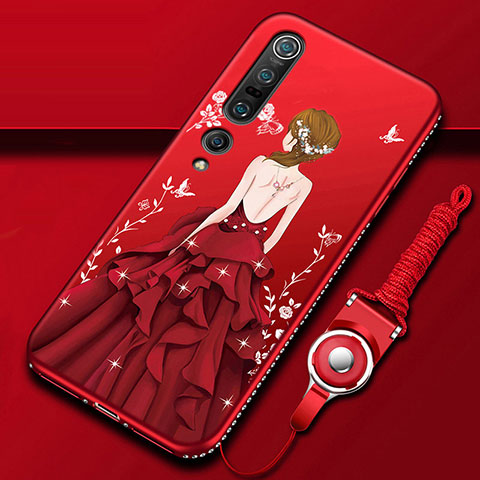 Custodia Silicone Gel Morbida Abito Ragazza Cover per Xiaomi Mi 10 Pro Rosso