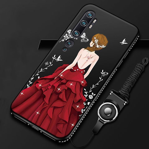 Custodia Silicone Gel Morbida Abito Ragazza Cover S01 per Xiaomi Mi Note 10 Rosso e Nero