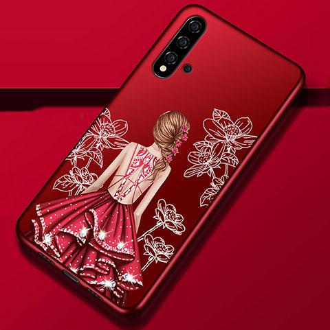 Custodia Silicone Gel Morbida Abito Ragazza Cover S02 per Huawei Nova 5 Rosso