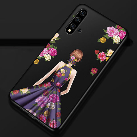 Custodia Silicone Gel Morbida Abito Ragazza Cover S02 per Huawei Nova 5 Viola e Nero