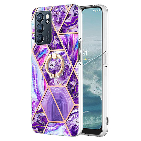 Custodia Silicone Gel Morbida Fantasia Modello Cover con Anello Supporto Y01B per Oppo Reno6 5G Viola