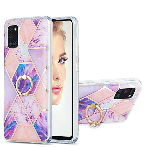 Custodia Silicone Gel Morbida Fantasia Modello Cover con Anello Supporto Y01B per Samsung Galaxy A21s Lavanda