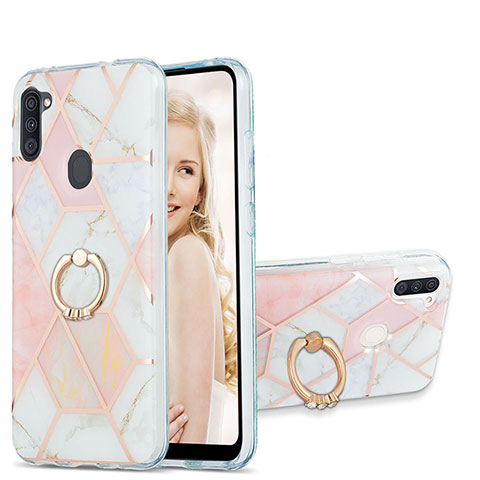 Custodia Silicone Gel Morbida Fantasia Modello Cover con Anello Supporto Y01B per Samsung Galaxy M11 Rosa