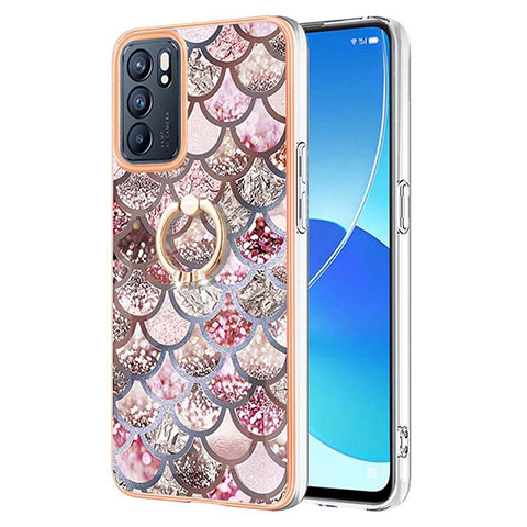 Custodia Silicone Gel Morbida Fantasia Modello Cover con Anello Supporto Y03B per Oppo Reno6 5G Marrone