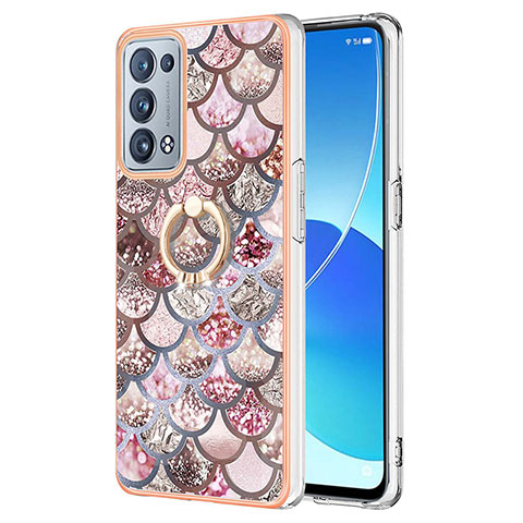 Custodia Silicone Gel Morbida Fantasia Modello Cover con Anello Supporto Y03B per Oppo Reno6 Pro 5G Marrone