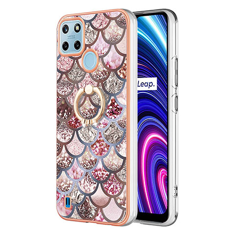 Custodia Silicone Gel Morbida Fantasia Modello Cover con Anello Supporto Y03B per Realme C21Y Marrone