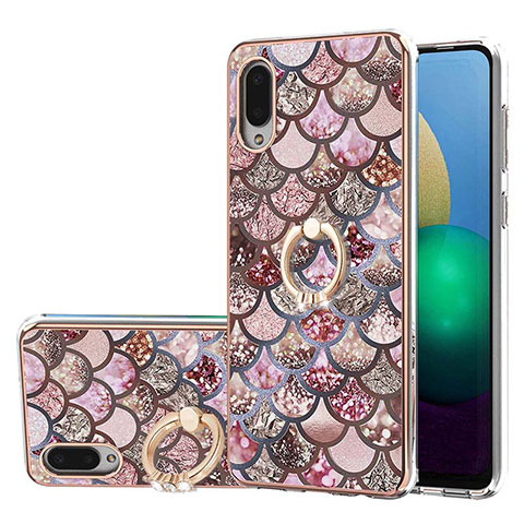 Custodia Silicone Gel Morbida Fantasia Modello Cover con Anello Supporto Y03B per Samsung Galaxy A02 Marrone