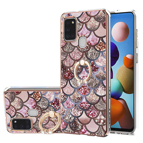 Custodia Silicone Gel Morbida Fantasia Modello Cover con Anello Supporto Y03B per Samsung Galaxy A21s Marrone