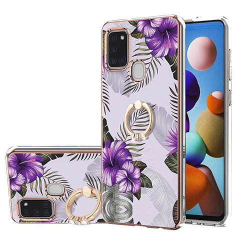 Custodia Silicone Gel Morbida Fantasia Modello Cover con Anello Supporto Y03B per Samsung Galaxy A21s Viola