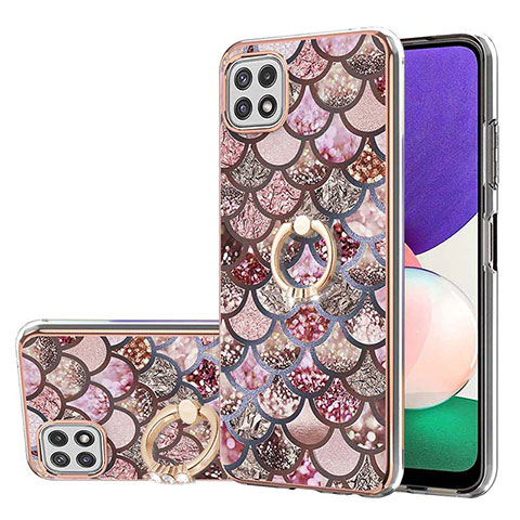 Custodia Silicone Gel Morbida Fantasia Modello Cover con Anello Supporto Y03B per Samsung Galaxy A22 5G Marrone