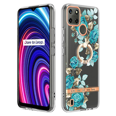 Custodia Silicone Gel Morbida Fantasia Modello Cover con Anello Supporto Y06B per Realme C21Y Ciano