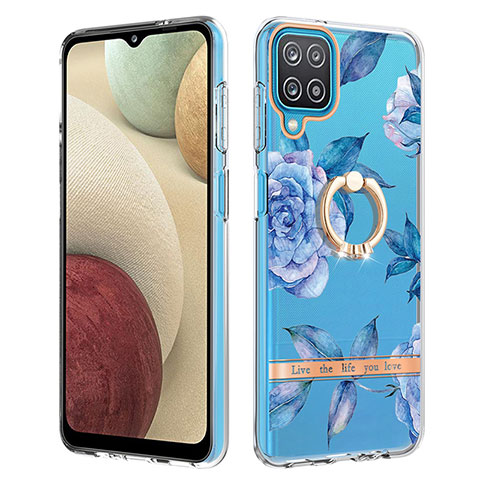 Custodia Silicone Gel Morbida Fantasia Modello Cover con Anello Supporto Y06B per Samsung Galaxy A12 Blu