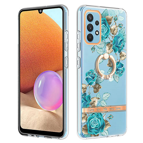 Custodia Silicone Gel Morbida Fantasia Modello Cover con Anello Supporto Y06B per Samsung Galaxy A32 4G Ciano