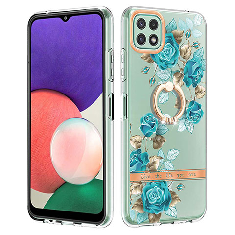 Custodia Silicone Gel Morbida Fantasia Modello Cover con Anello Supporto Y06B per Samsung Galaxy F42 5G Ciano