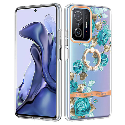 Custodia Silicone Gel Morbida Fantasia Modello Cover con Anello Supporto Y06B per Xiaomi Mi 11T Pro 5G Ciano