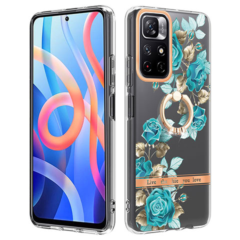 Custodia Silicone Gel Morbida Fantasia Modello Cover con Anello Supporto Y06B per Xiaomi Poco M4 Pro 5G Ciano