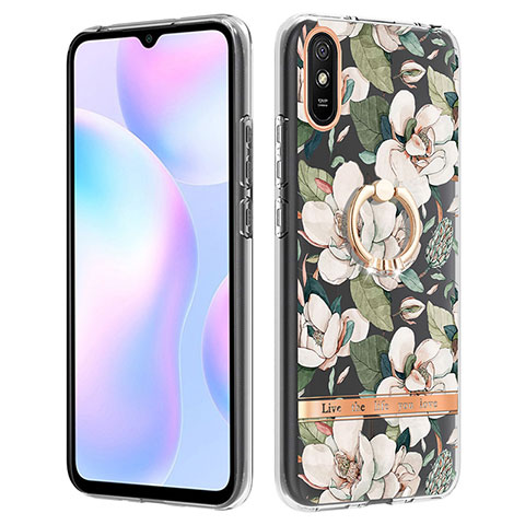 Custodia Silicone Gel Morbida Fantasia Modello Cover con Anello Supporto Y06B per Xiaomi Redmi 9A Bianco