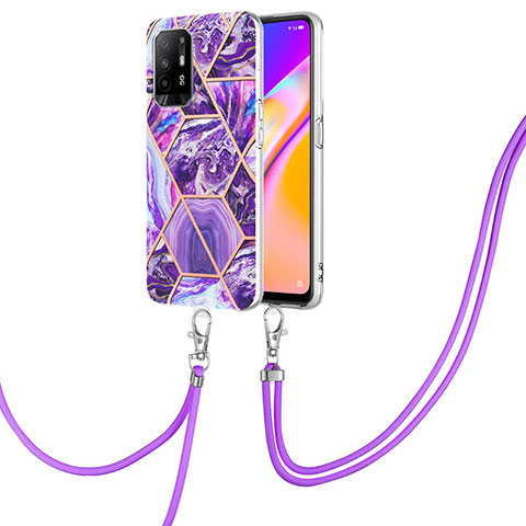 Custodia Silicone Gel Morbida Fantasia Modello Cover con Cinghia Cordino Mano Y01B per Oppo A94 5G Viola