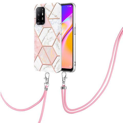 Custodia Silicone Gel Morbida Fantasia Modello Cover con Cinghia Cordino Mano Y01B per Oppo F19 Pro+ Plus 5G Rosa