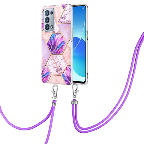 Custodia Silicone Gel Morbida Fantasia Modello Cover con Cinghia Cordino Mano Y01B per Oppo Reno6 Pro 5G Lavanda