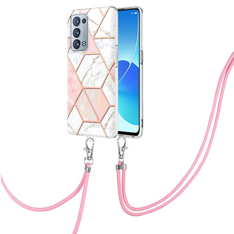 Custodia Silicone Gel Morbida Fantasia Modello Cover con Cinghia Cordino Mano Y01B per Oppo Reno6 Pro 5G Rosa