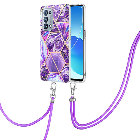 Custodia Silicone Gel Morbida Fantasia Modello Cover con Cinghia Cordino Mano Y01B per Oppo Reno6 Pro 5G Viola