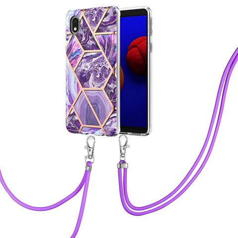 Custodia Silicone Gel Morbida Fantasia Modello Cover con Cinghia Cordino Mano Y01B per Samsung Galaxy A01 Core Viola