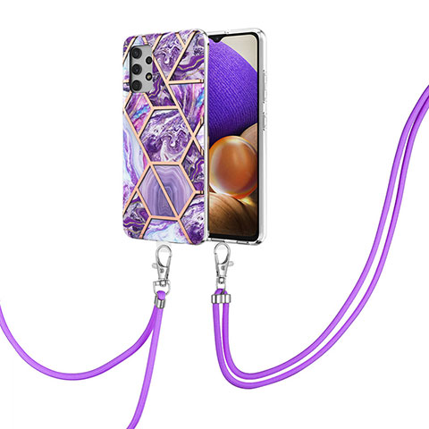 Custodia Silicone Gel Morbida Fantasia Modello Cover con Cinghia Cordino Mano Y01B per Samsung Galaxy M32 5G Viola