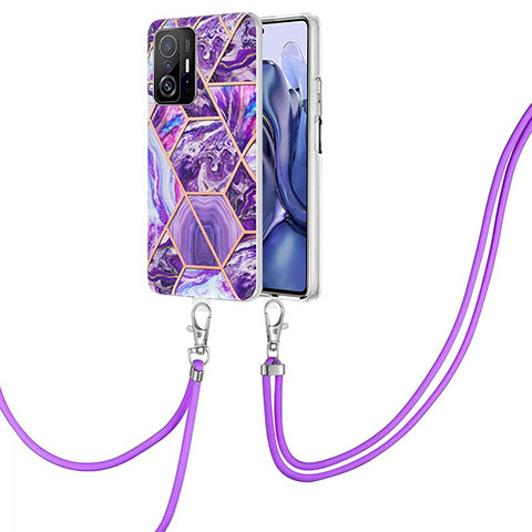 Custodia Silicone Gel Morbida Fantasia Modello Cover con Cinghia Cordino Mano Y01B per Xiaomi Mi 11T 5G Viola