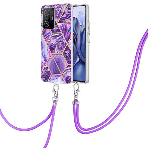Custodia Silicone Gel Morbida Fantasia Modello Cover con Cinghia Cordino Mano Y01B per Xiaomi Mi 11T Pro 5G Viola