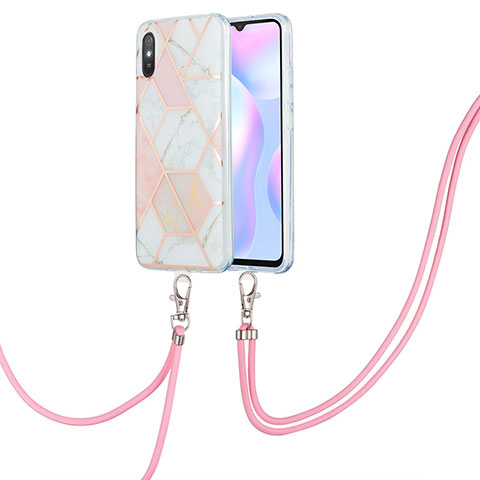 Custodia Silicone Gel Morbida Fantasia Modello Cover con Cinghia Cordino Mano Y01B per Xiaomi Redmi 9AT Rosa