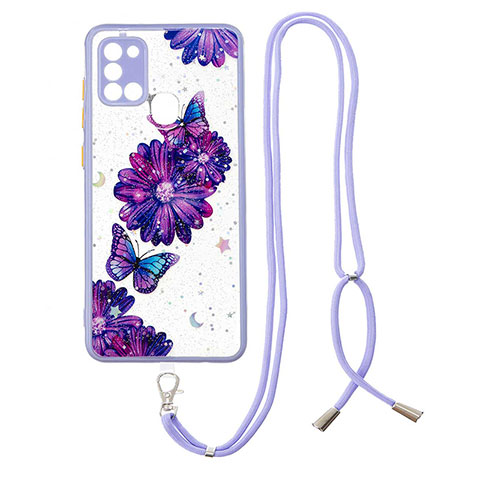 Custodia Silicone Gel Morbida Fantasia Modello Cover con Cinghia Cordino Mano Y01X per Samsung Galaxy A21s Viola