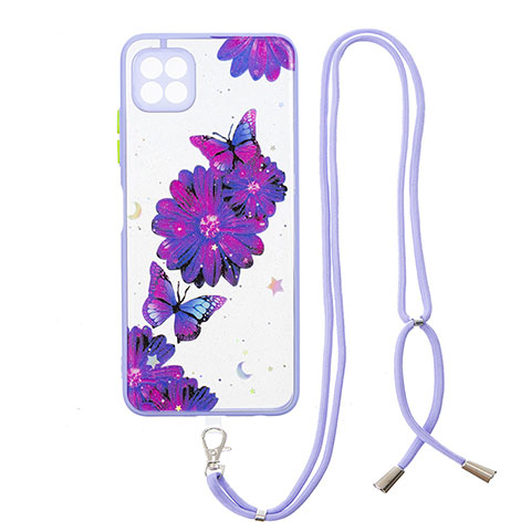 Custodia Silicone Gel Morbida Fantasia Modello Cover con Cinghia Cordino Mano Y01X per Samsung Galaxy A22 5G Viola