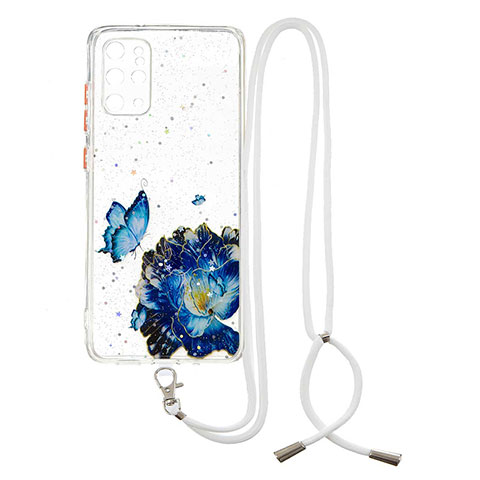 Custodia Silicone Gel Morbida Fantasia Modello Cover con Cinghia Cordino Mano Y01X per Samsung Galaxy S20 Plus 5G Blu