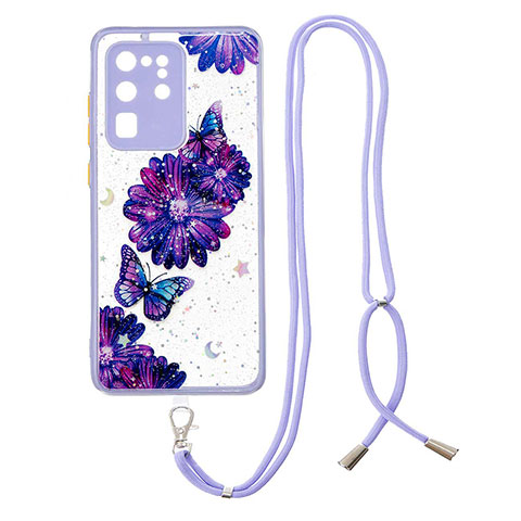 Custodia Silicone Gel Morbida Fantasia Modello Cover con Cinghia Cordino Mano Y01X per Samsung Galaxy S20 Ultra 5G Viola