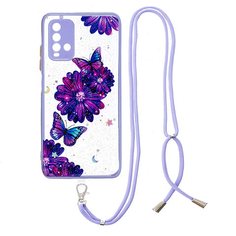 Custodia Silicone Gel Morbida Fantasia Modello Cover con Cinghia Cordino Mano Y01X per Xiaomi Redmi 9 Power Viola