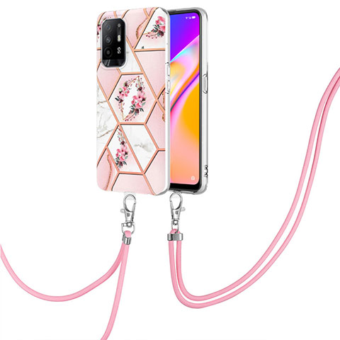 Custodia Silicone Gel Morbida Fantasia Modello Cover con Cinghia Cordino Mano Y02B per Oppo Reno5 Z 5G Rosa