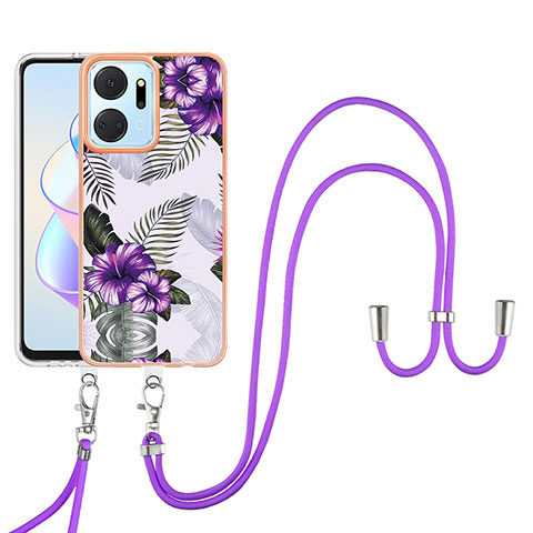 Custodia Silicone Gel Morbida Fantasia Modello Cover con Cinghia Cordino Mano Y03B per Huawei Honor X7a Viola