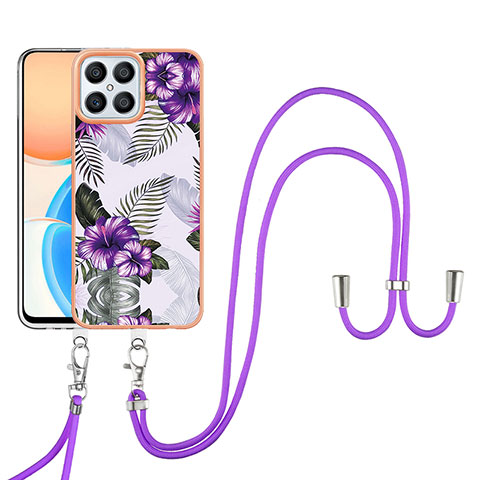 Custodia Silicone Gel Morbida Fantasia Modello Cover con Cinghia Cordino Mano Y03B per Huawei Honor X8 4G Viola